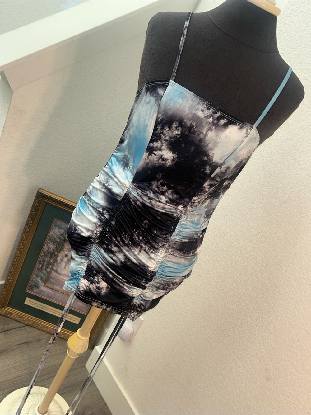 SHEIN Blue Black White Tie-Dye Ruched Mini Dress